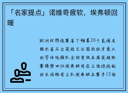「名家提点」诺维奇疲软，埃弗顿回暖